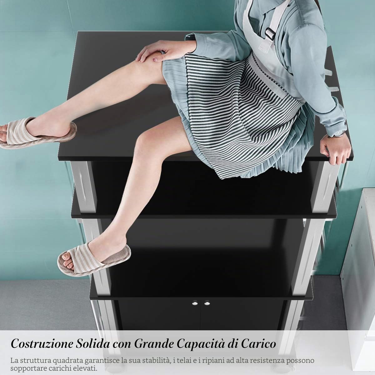 GIANTEX Carrello da Cucina per Microonde a Rotelle, 3 Ripiani Portaoggetti e Armadio con Ante, 4 Ruote di cui 2 con Freno, Dimensioni 60 x 40 x 98 cm(Nero)
