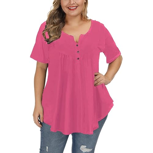 ALLEGRACE Women's Plus Size Tunic Tops Summer Short Sleeve V Neck Blouses Ruffle Flowy Button Up T Shirts