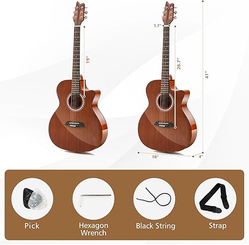 Miniatura 7 de Guitarra acústica Cutaway de 41 pulgadas, guitarra de 6 cuerdas de tamaño completo con engranaje cerrado y respaldo de madera de sapele, kit de
