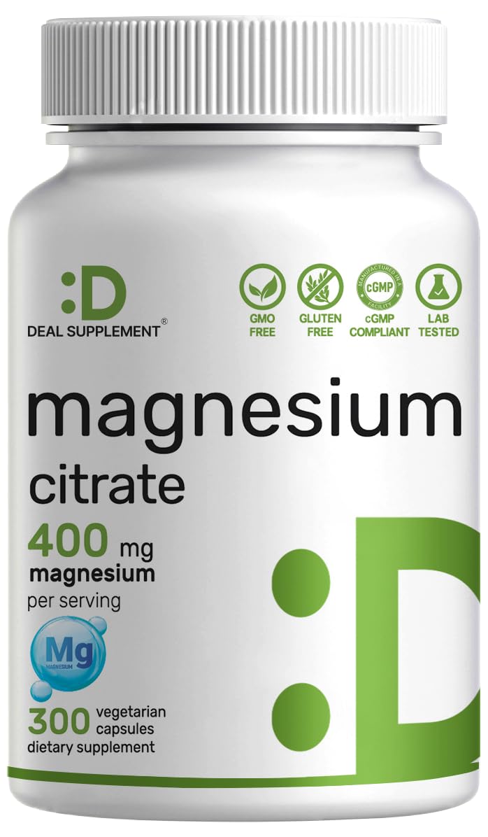 Magnesium Citrate 400mg Per Serving, 300 Veggie Capsules – Chelated, Easily Absorbed, Purified Trace Mineral – Muscle, Heart, & Digestive Support – Non-GMO