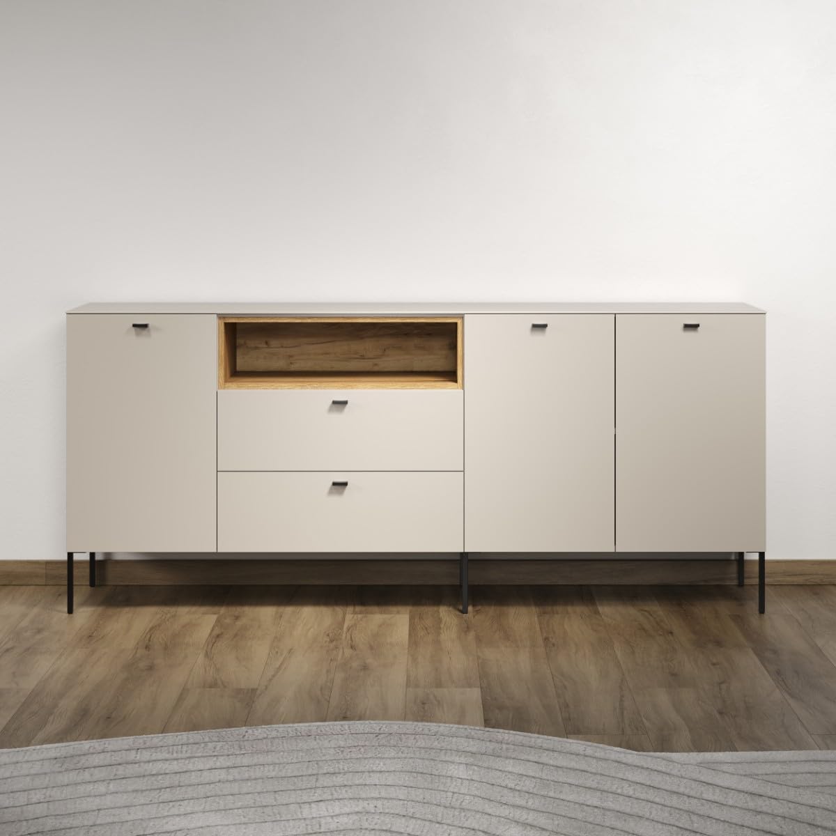 trendteam smart living Sao Paulo Sideboard Kashmir (Beige)/Evoke Eiche Kommode mit Soft-Close Funktion 197 x 85 x 42 cm Schwarze Metallgriffe und -Füße