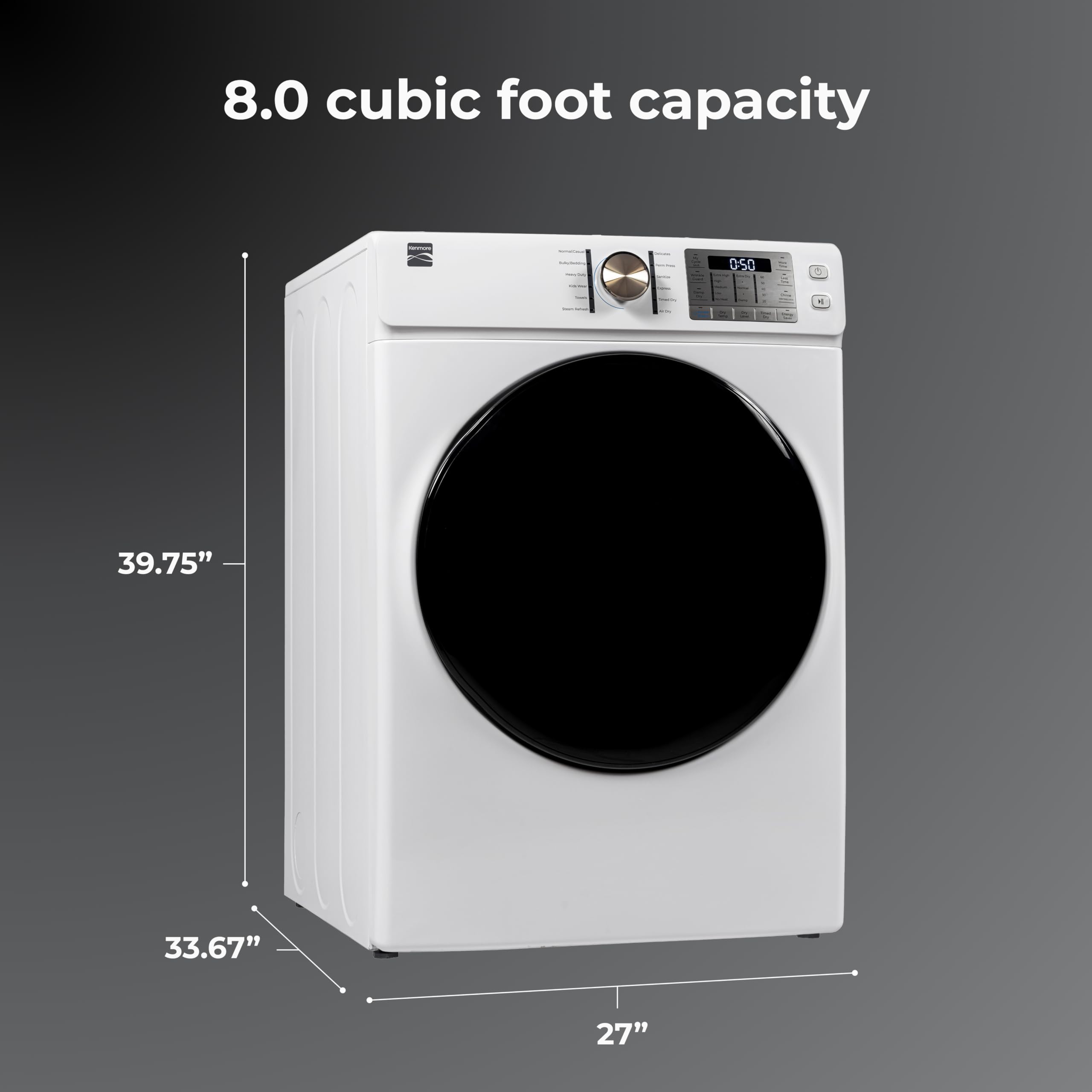 Condition photo showing New/Like New for Kenmore 8.0 cu. ft. Front Load Electric Dryer - Wrinkle Guard with Accela Steam to Reduce Static and Odors - Smart Sensor Drying - LED - White