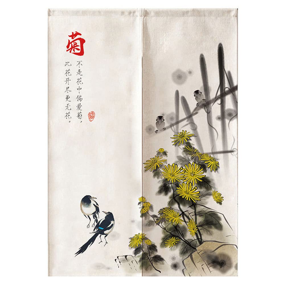 Hiseng Japanese Noren Curtain Long Type Door Tapestry for Home Decoration, Bedroom Kitchen Restaurant Bathroom Doorway Curtain, Toilet Partition Hanging Curtain (Yellow chrysanthemum,85x90cm)