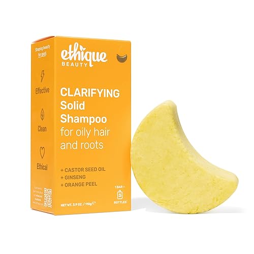 Ethique Barra de champú clarificante para cabello graso con aceite de ricino, sin plástico, vegano, libre de crueldad, 3.88 onzas, anteriormente St.