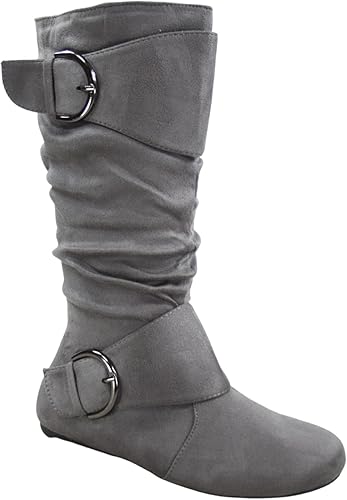 FZ-Fits Botas de mujer con hebilla lateral, cierre de cremallera, puntera redonda, planas, con tacón bajo, de media pantorrilla