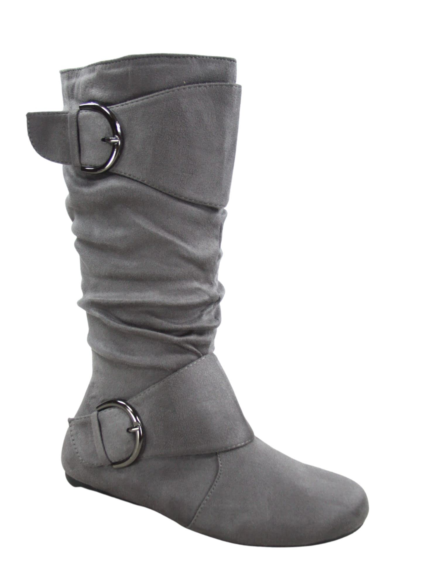 FZ-Fits Women's Closed Round Toe Buckle Side Zip Buckle Slouch Flat Heel Mid-Calf Boot