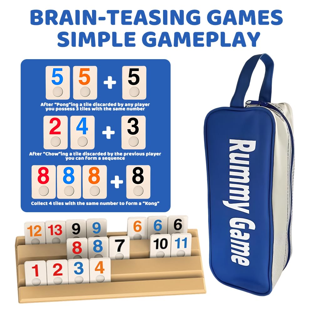 Rummy Jeu de Societe, Rami Jeux de Carte Coffret avec 1 Sac de Rangement, 4 Support, 112 Tuiles Robustes, Jeu de Rummy pour Les Joueurs
