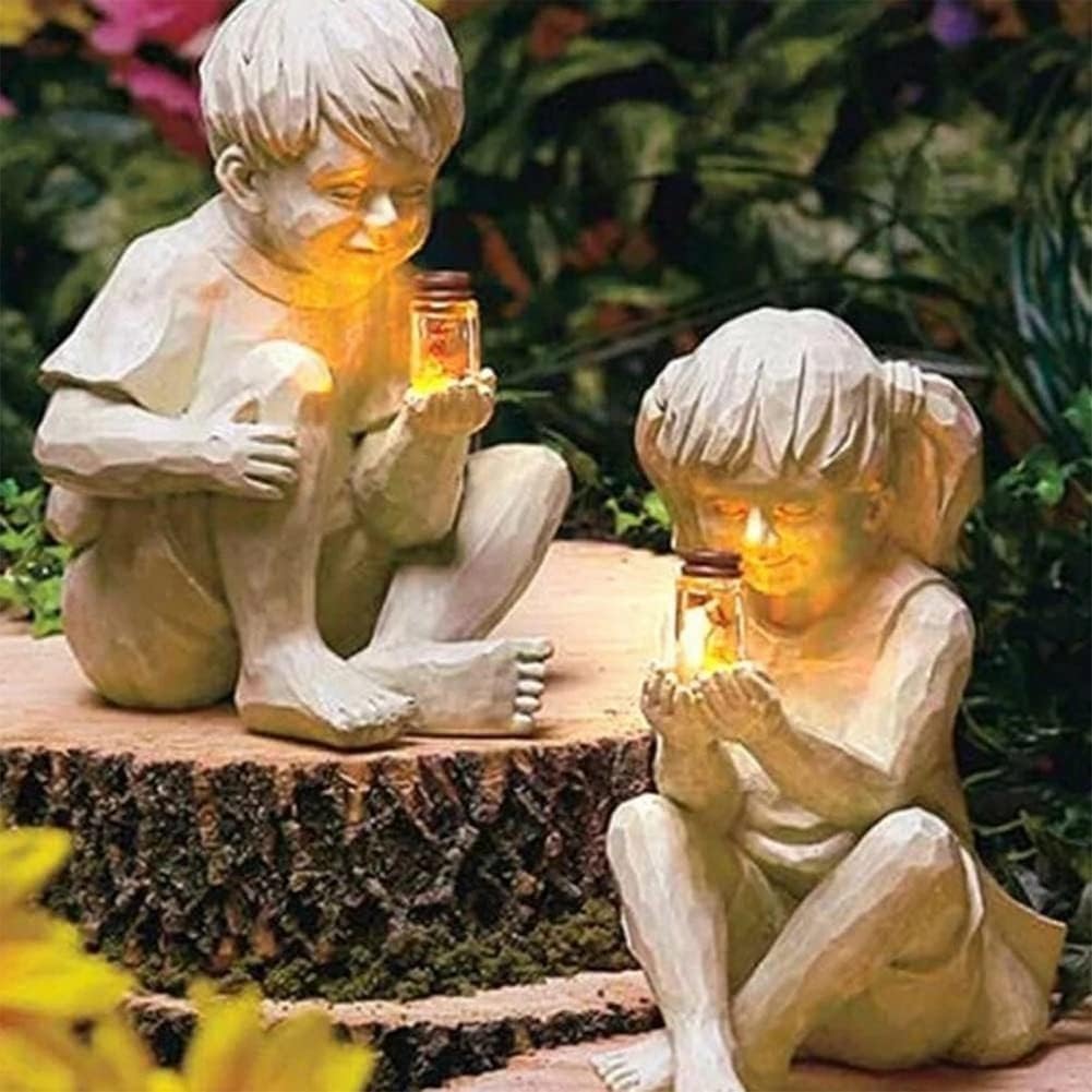 Słoneczne figurki ogrodowe dla dzieci, figurka chłopca i dziewczynki statua ogrodowa dla dzieci ze słoikiem świetlika, figurka słoika świetlika, dekoracyjne ozdoby do rzeźb na świeżym powietrzu