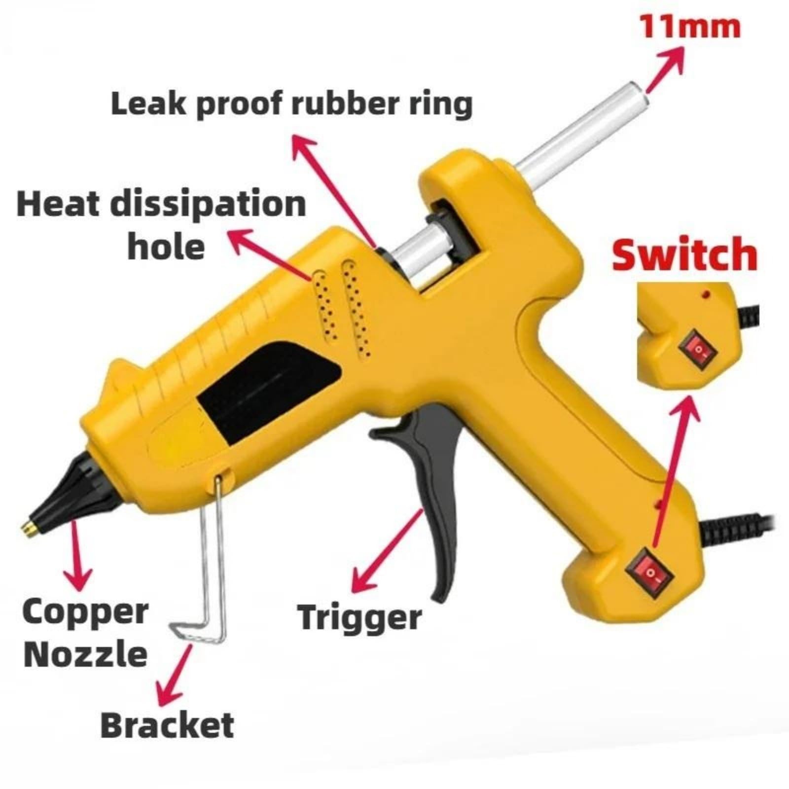 150/200 W Pistola de pegamento termofusible for barra 11 mm, pistola silicona caliente profesional pistola de pegamento caliente(200w)