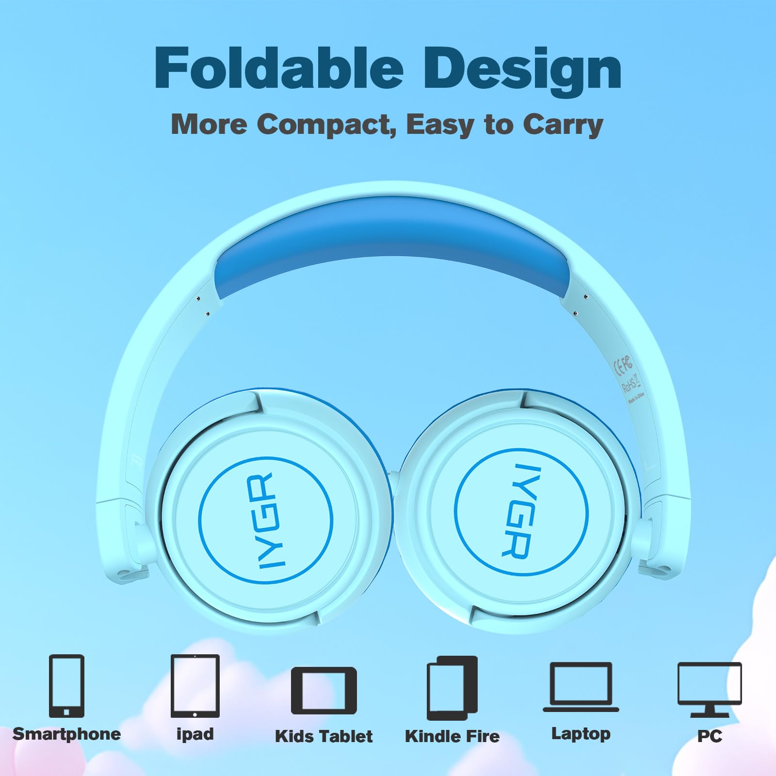 K6, cuffie USB tipo C per bambini, per la scuola, volume sicuro da 94 dB, suono stereo HD, cuffie on-ear pieghevoli leggere (ciano)