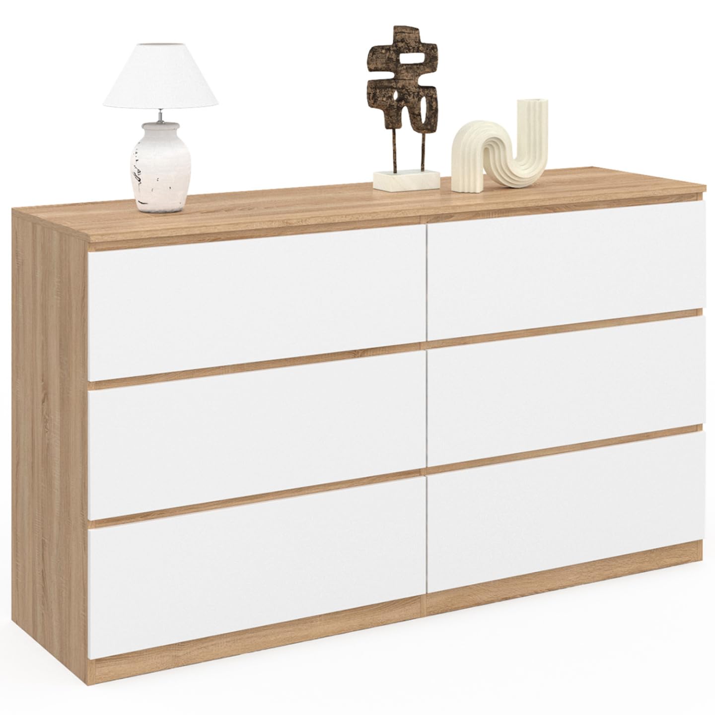 IDMarket - Commode 6 tiroirs TOMI XXL 140 cm Bois façon hêtre et Blanc