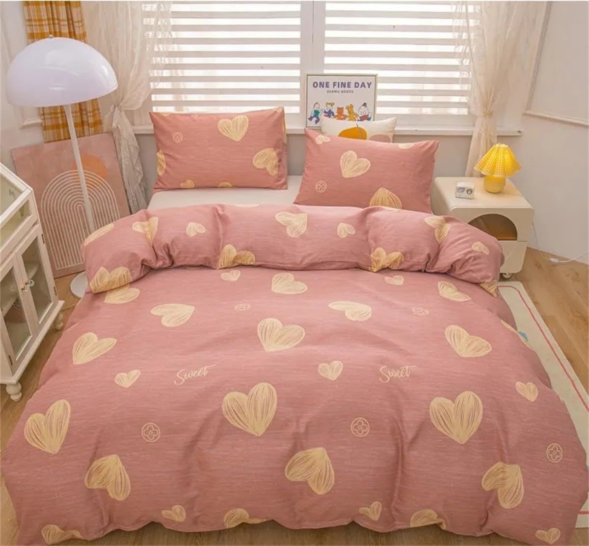 Housse de couette 240x260 cœur rose pour lit double avec taies d'oreiller
