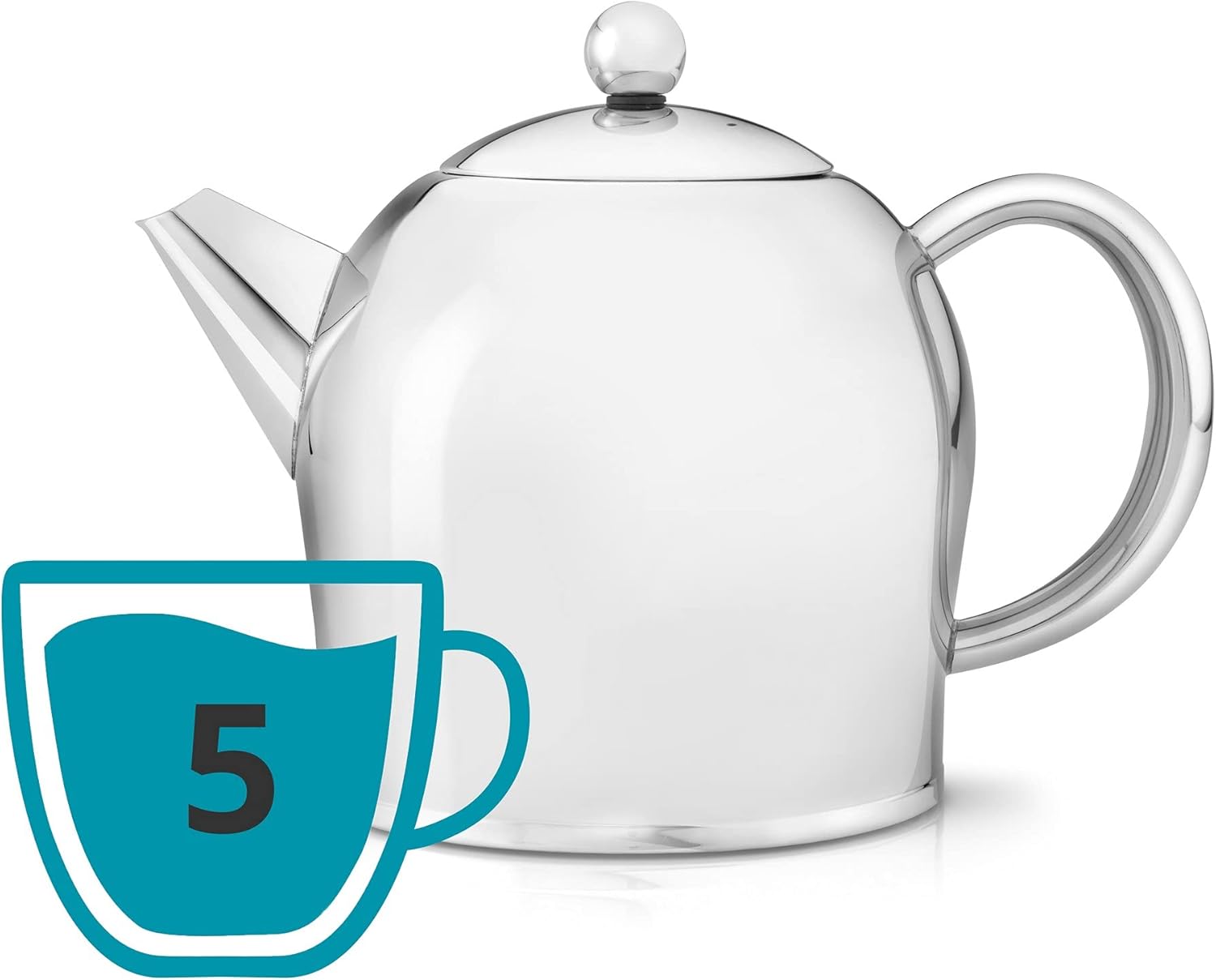 bredemeijer Santhee Double Walled Teapot, 1.0-Liter Stainless Steel Glossy Finish with Glossy Accents