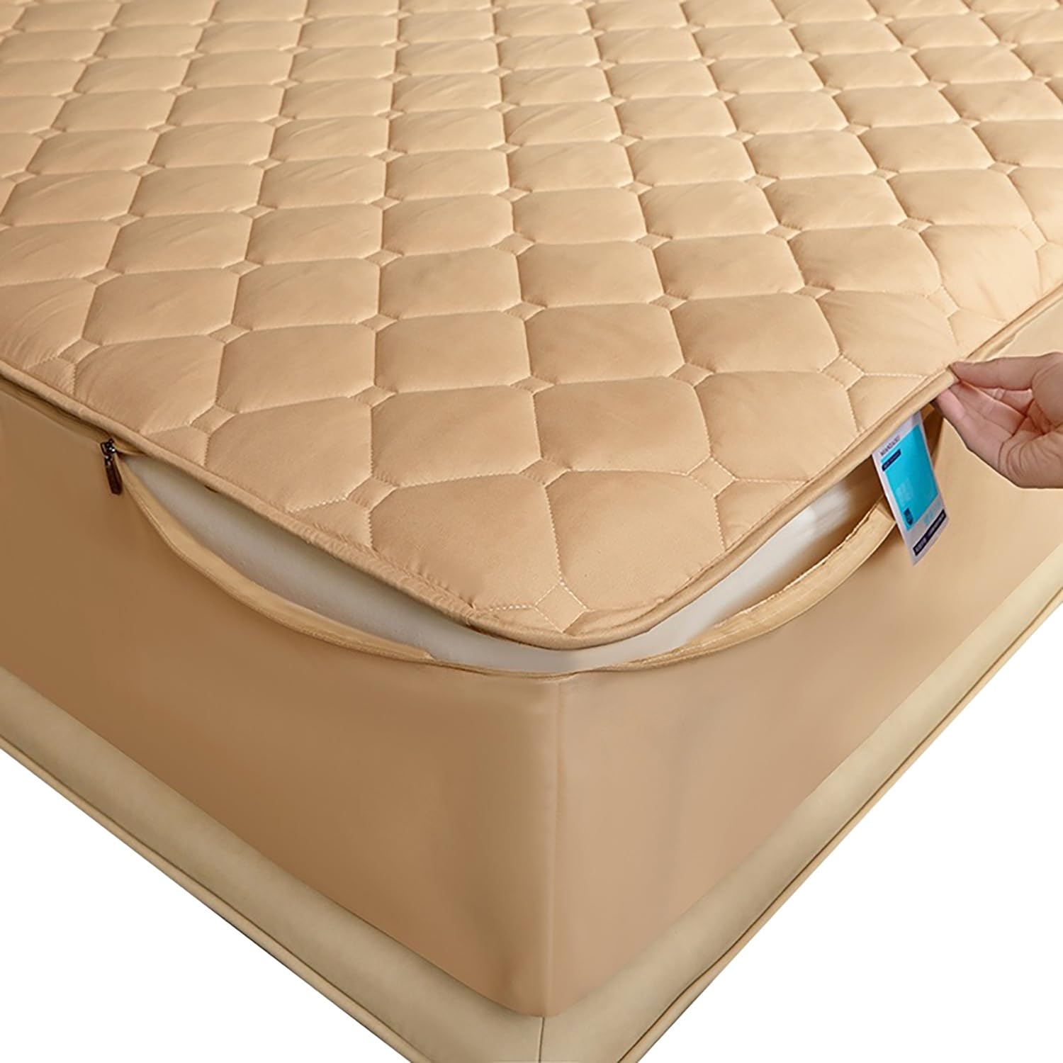 Coprimaterasso con Cerniera - Fodera Materasso Trapuntato, Imbottito, 80x190/90x190/120x190/140x200/160x190 cm, Personalizzabile, Protettivo e Respirante(Cachi,90x200+15cm)