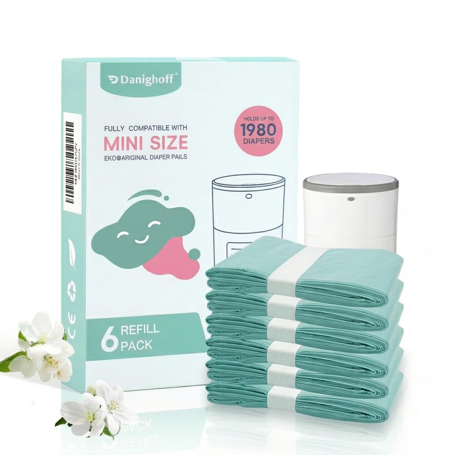 6 Pack Diaper Pails Refills for De-k-or Mini, 30% Extra Thick Heavy Duty Leak-Proof Liners, Multi-Layer Odor Defense Film, Holds 1980 Diapers, Fresh Scented Baby Changing Essentials