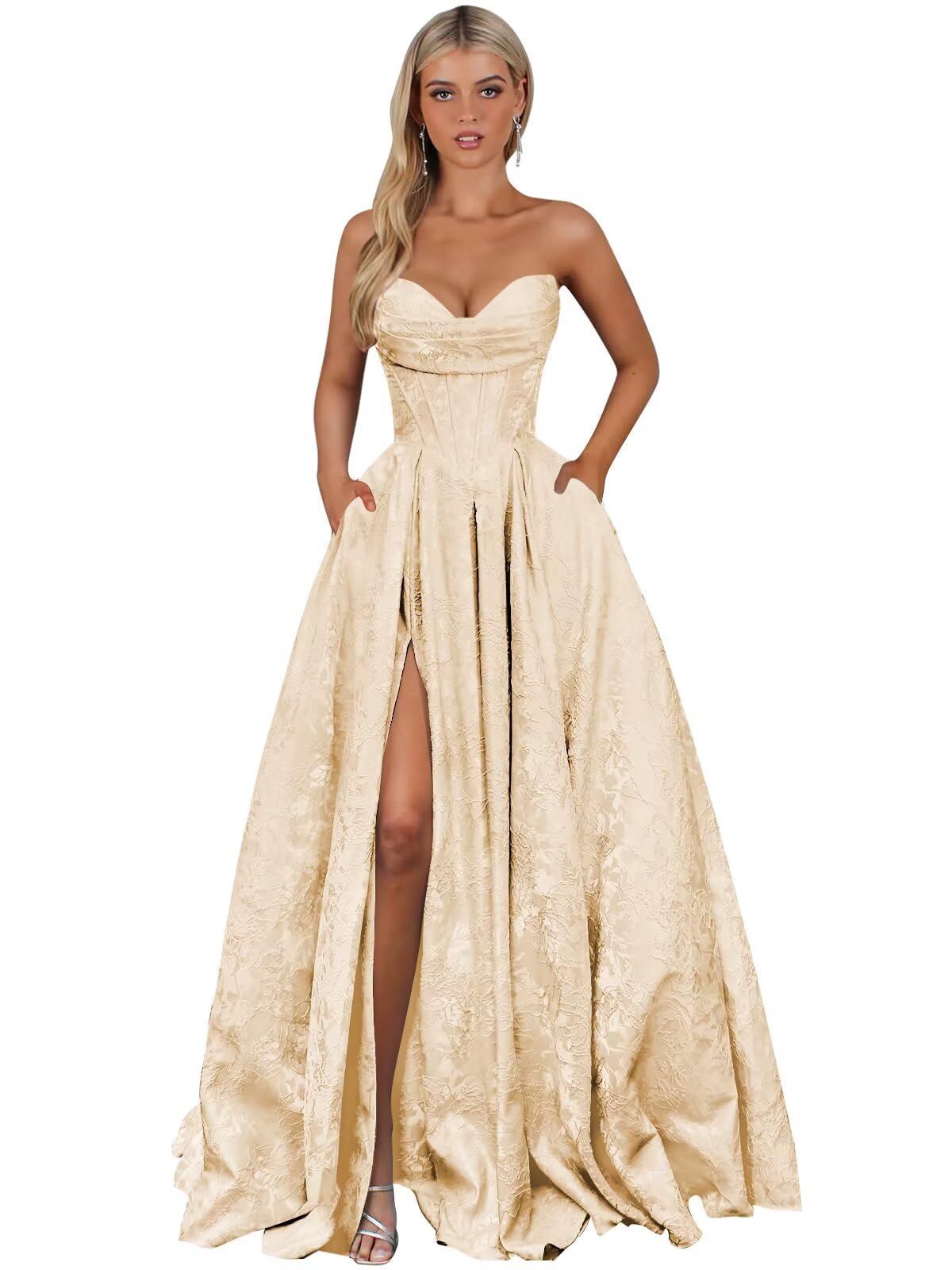 Strapless Jacquard Satin Prom Dresses for Women