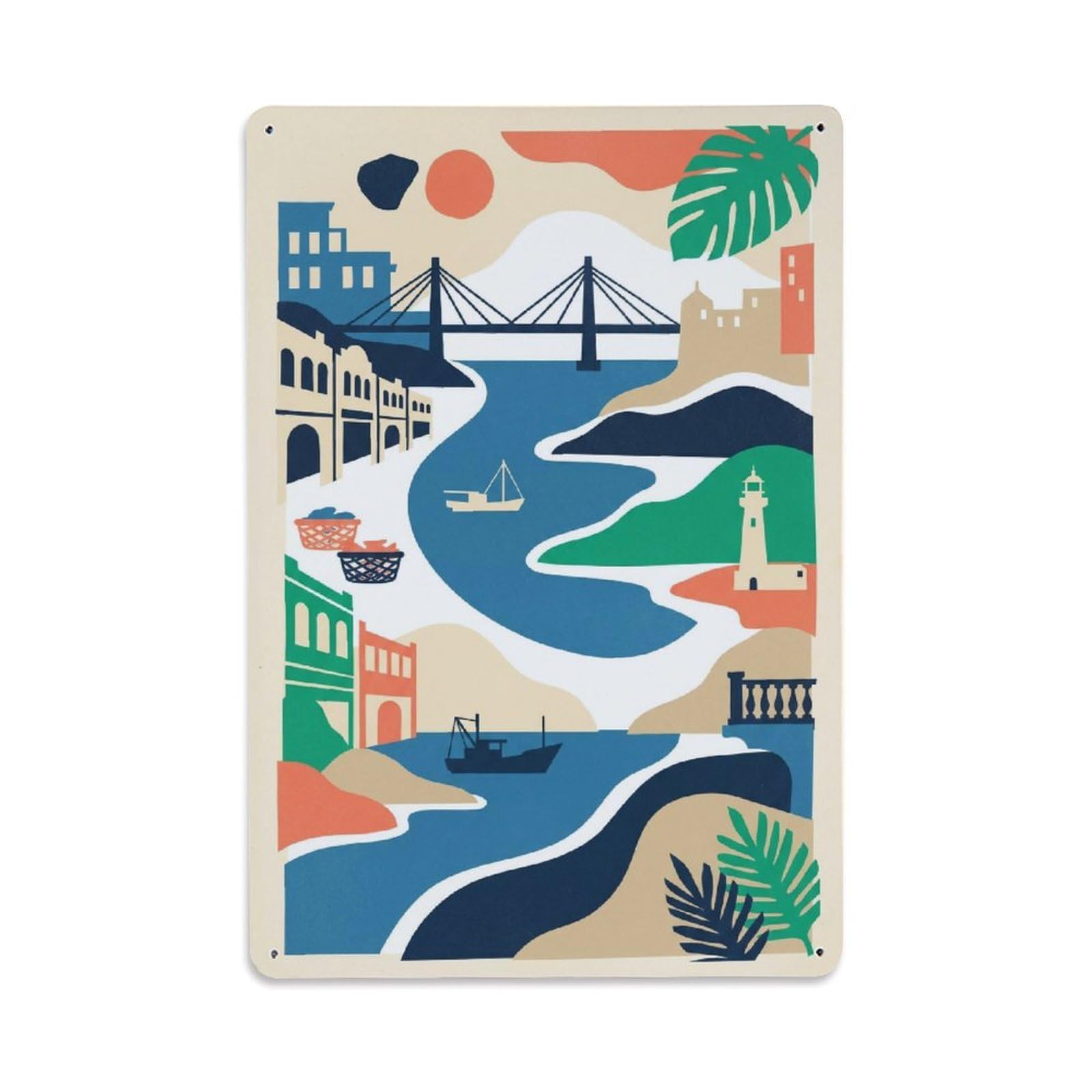 Okngb Style Urban Mosaic Shantou Travel Scenic Waterway Graphic Metal Tin Sign Plaque Wall Decor For Cafe, Man Cave, Club Bar, Office, Home Garden Round Metal Poster 8X12inch