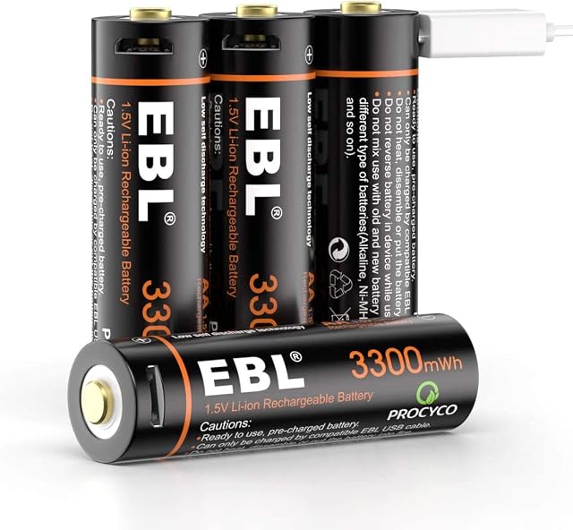 EBL 1.5V Lithium AA Rechargeable Batteries 3300mWh with Micro USB Cable, 4 Counts in One Storage Case