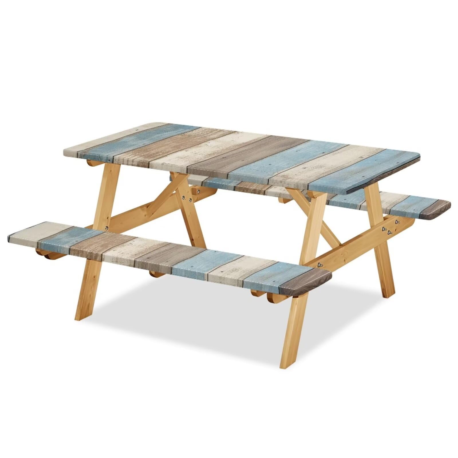 Binienty Novelty Wood Board Print Picnic Table Cover with Bench Covers 3 Piece Set Elastic Fitted Rectangle Tablecloths Camp Tables Seat fot 8ft Outdoor