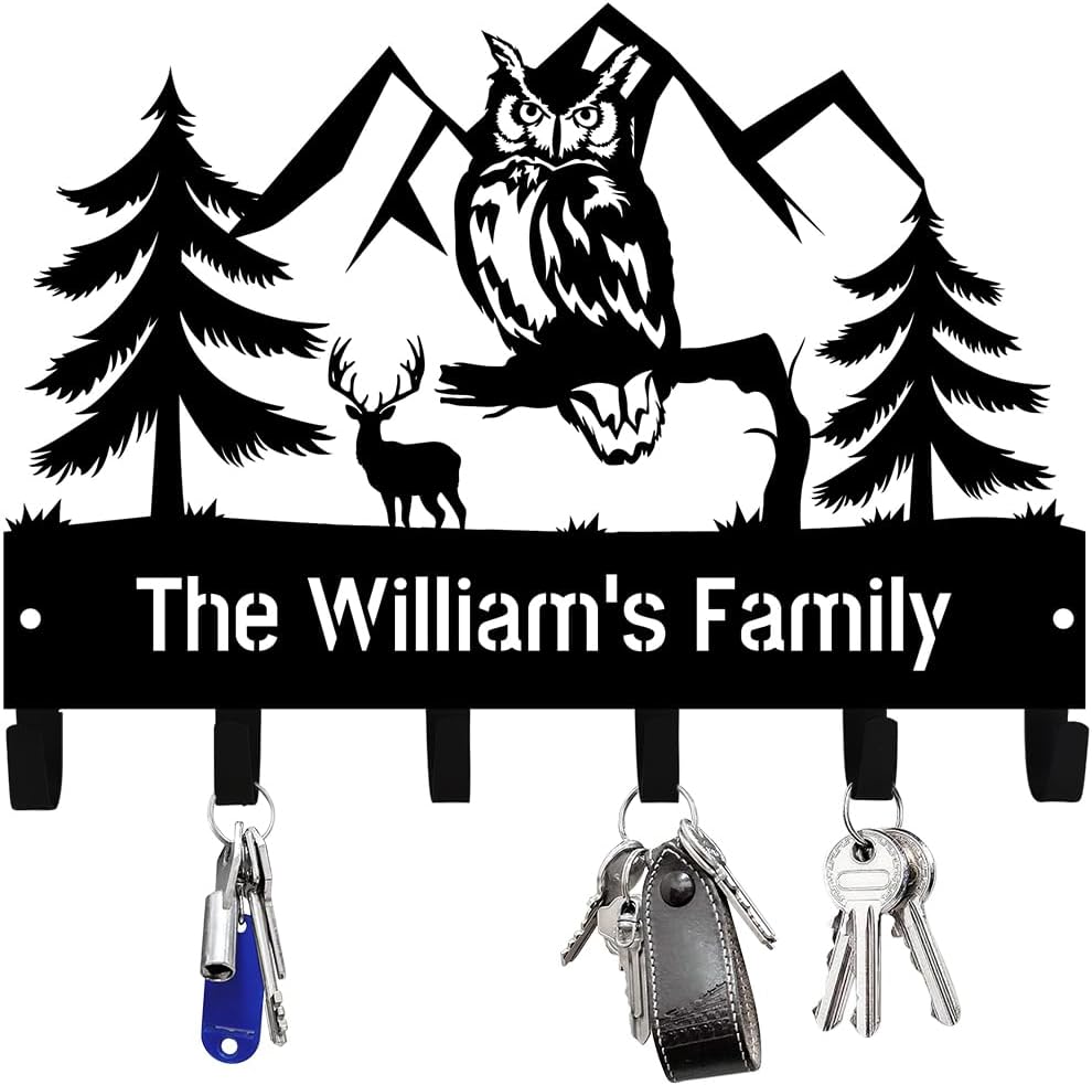 Personalized Owl Key Holder for Wall Custom Animal Theme Wall Mount Organizer Deer Antler Rack Custom Metal Owl Key Hooks with Name for Kitchen, Entryway, Hallway, Office, Doorway