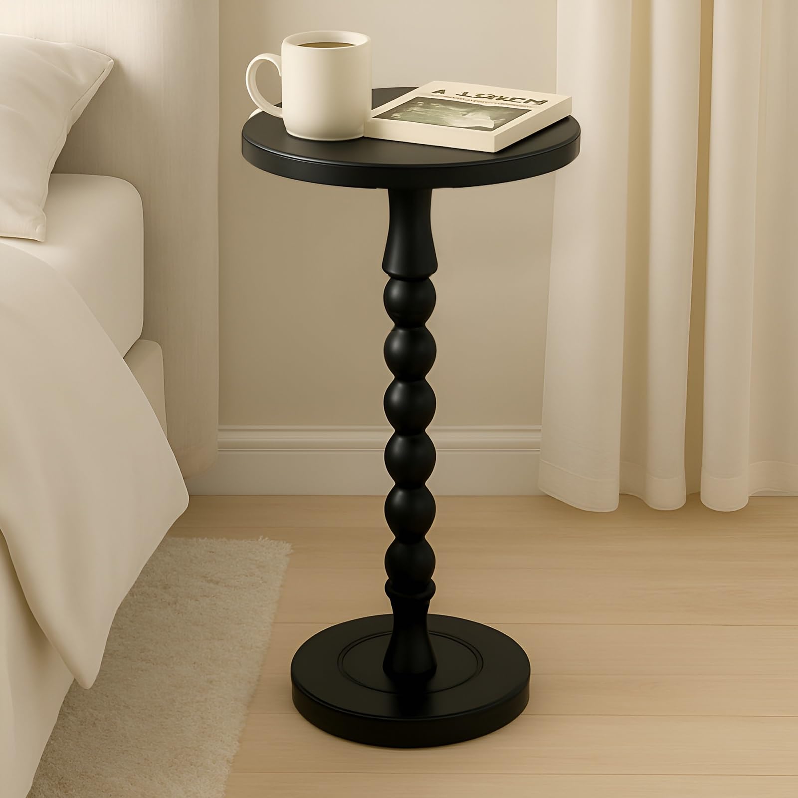 Table d'appoint Ronde pour Petits espaces, Table à Boissons avec piédestal en chêne, Table de Chevet Moderne pour Salon, Chambre, Bureau et Coins, Assemblage sans Outil, Noire