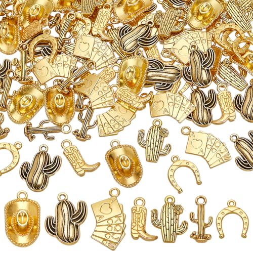 FINGERINSPIRE 84 Pcs Western Cowboy Charms Pendants 7 Styles Tibetan Style Alloy Pendants Mixed Colors Hat Horseshoes Playing Card Cactus Jewelry Making Charms Western Themed Accessories for Crafters -  FIND-FG0004-48-US18