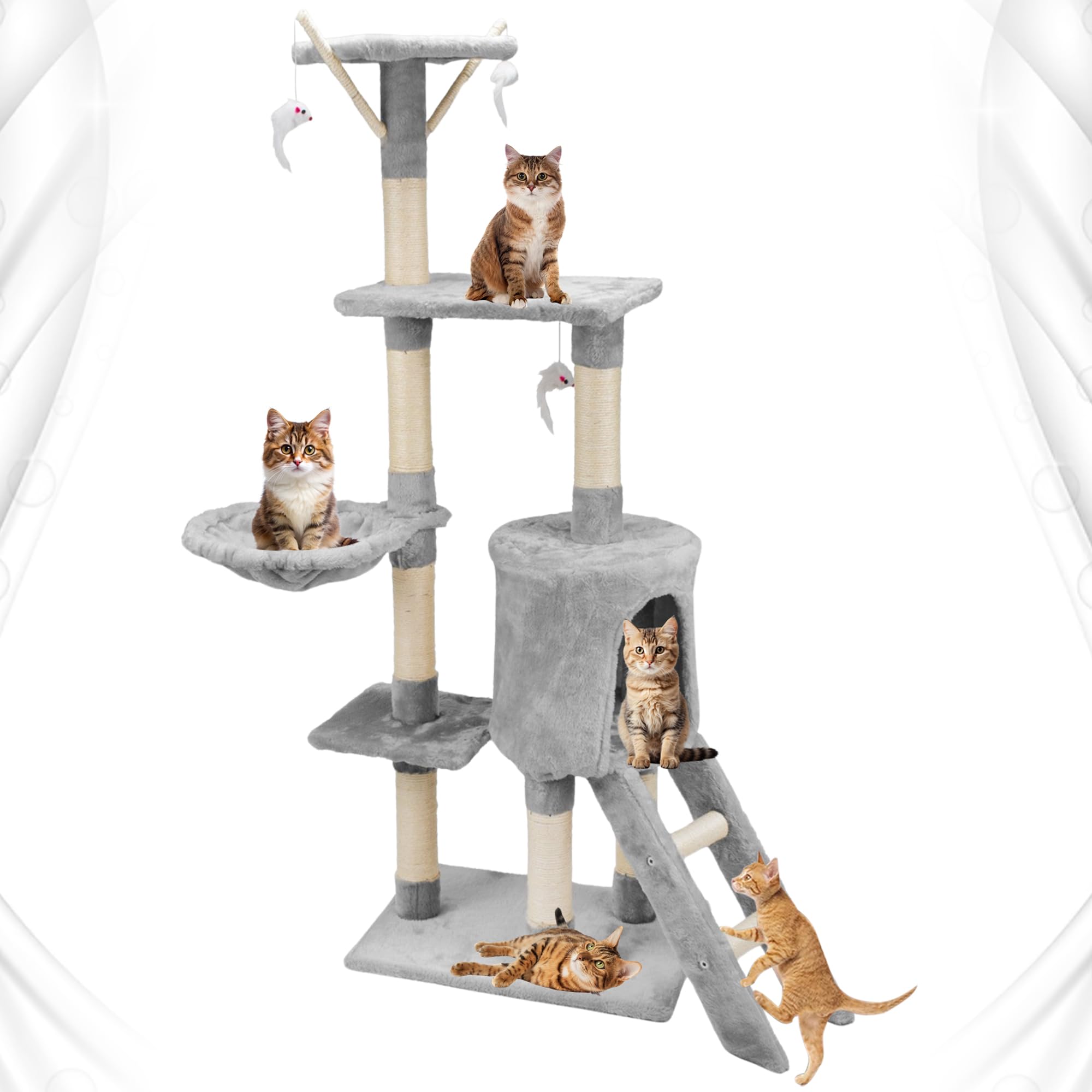 Abaseen 138cm Cat Tree Tower | Multilevel Climbing House with Condos & Ladder | Cat Activity Centre with Scratching Posts | Indoor Furniture for Large & Small Cats (Grey 138cm)