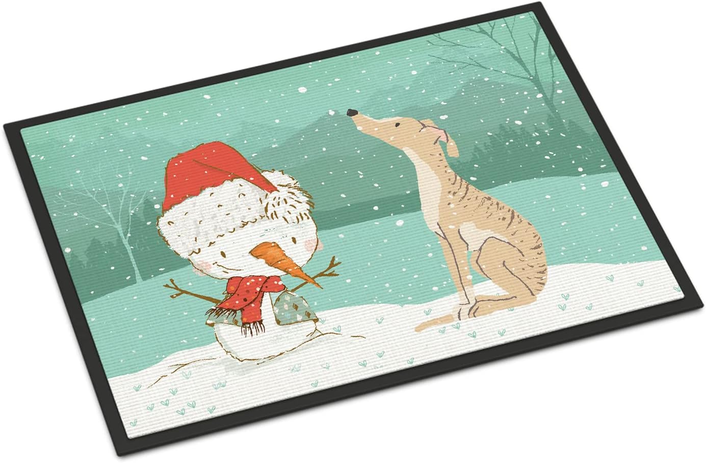 Caroline's Treasures CK2043JMAT Brindle Greyhound Snowman Christmas Doormat 24x36 Front Door Mat Indoor Outdoor Rugs for Entryway, Non Slip Washable Low Pile, 24H X 36W