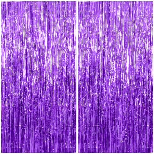2 Pack Foil Curtain Backdrop Purple Metallic Tinsel Foil Fringe C...
