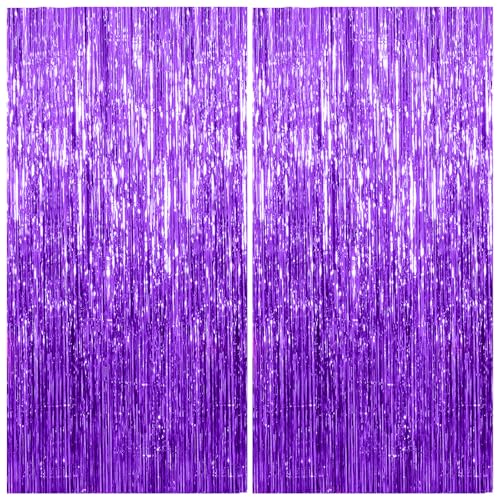 2 Pack Foil Curtain Backdrop Purple Metallic Tinsel Foil Fringe Curtains Photo Booth Props for Birthday Wedding Engagement Baby Shower Bachelorette Christmas Holiday Celebration Party Decorations