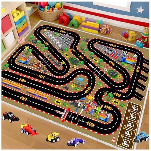 YSYTLCL Kids Car Rug, Race Track Playmat, Cartoon Style, Brown, 2.6x3.9ft