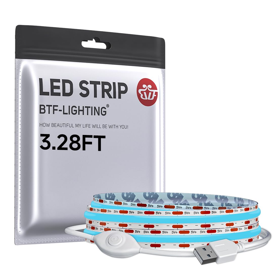 BTF-LIGHTING FCOB COB LED Strip Lights 5V USB Powered Ice Blue Color for TV