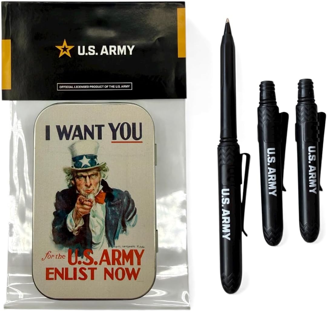 Pokka Officially Licensed I Want You U.S. Army Collectible Tin and Pens – USA Made - 3 Pocket Pens with Clips – Vintage Military Gift Set for Veterans, History Fans, EDC, Desk or Display