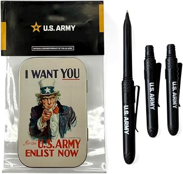 Pokka Officially Licensed I Want You U.S. Army Collectible Tin and Pens USA Made - 3 Pocket Pens with Clips Vintage Military Gift Set for Veterans, History Fans, EDC, Desk or Display