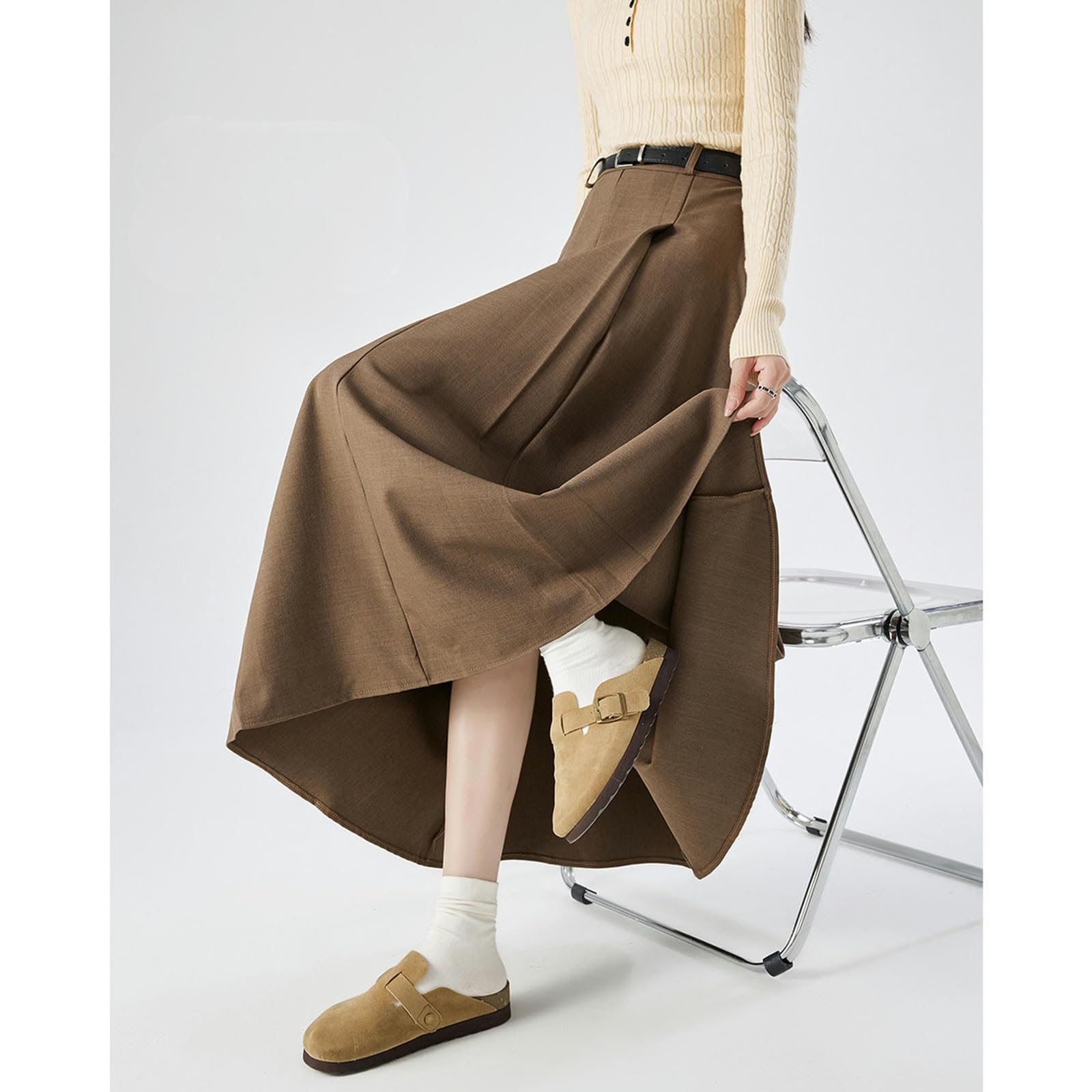 Spódnice damska jesienno-zimowa plisowana spódnica midi - wysoka talia slim fit elegancka temperament długa spódnica