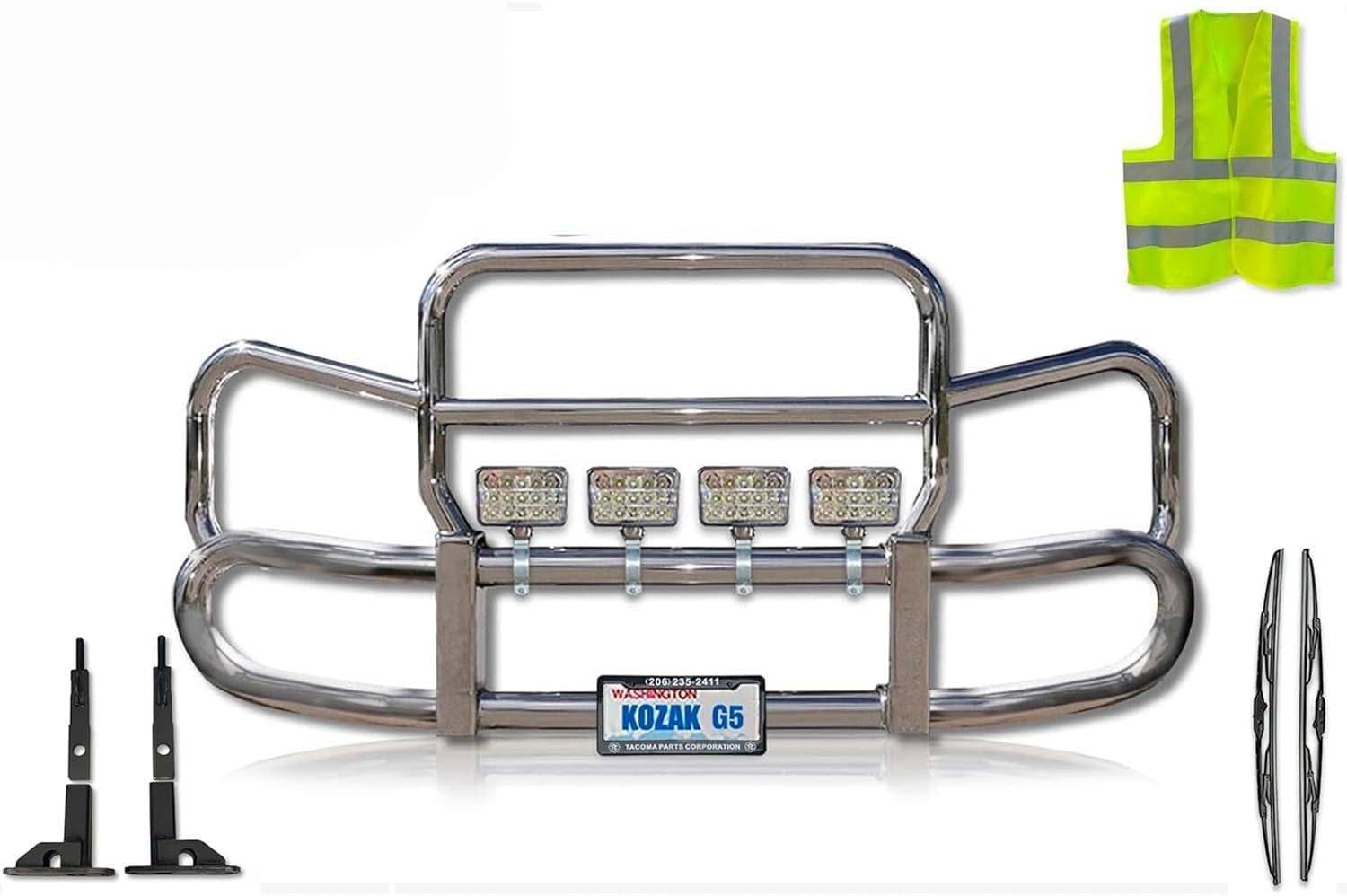 KOZAK Grille Deer Moose Brush Bumper Guard Herd 300 Compatible with Kenworth T680 2012-2021 Plus Brackets, 4X 6 LED Lights, Logo, 2X 22 Windshield Wipers, License Plate Holder & Frame, Vest