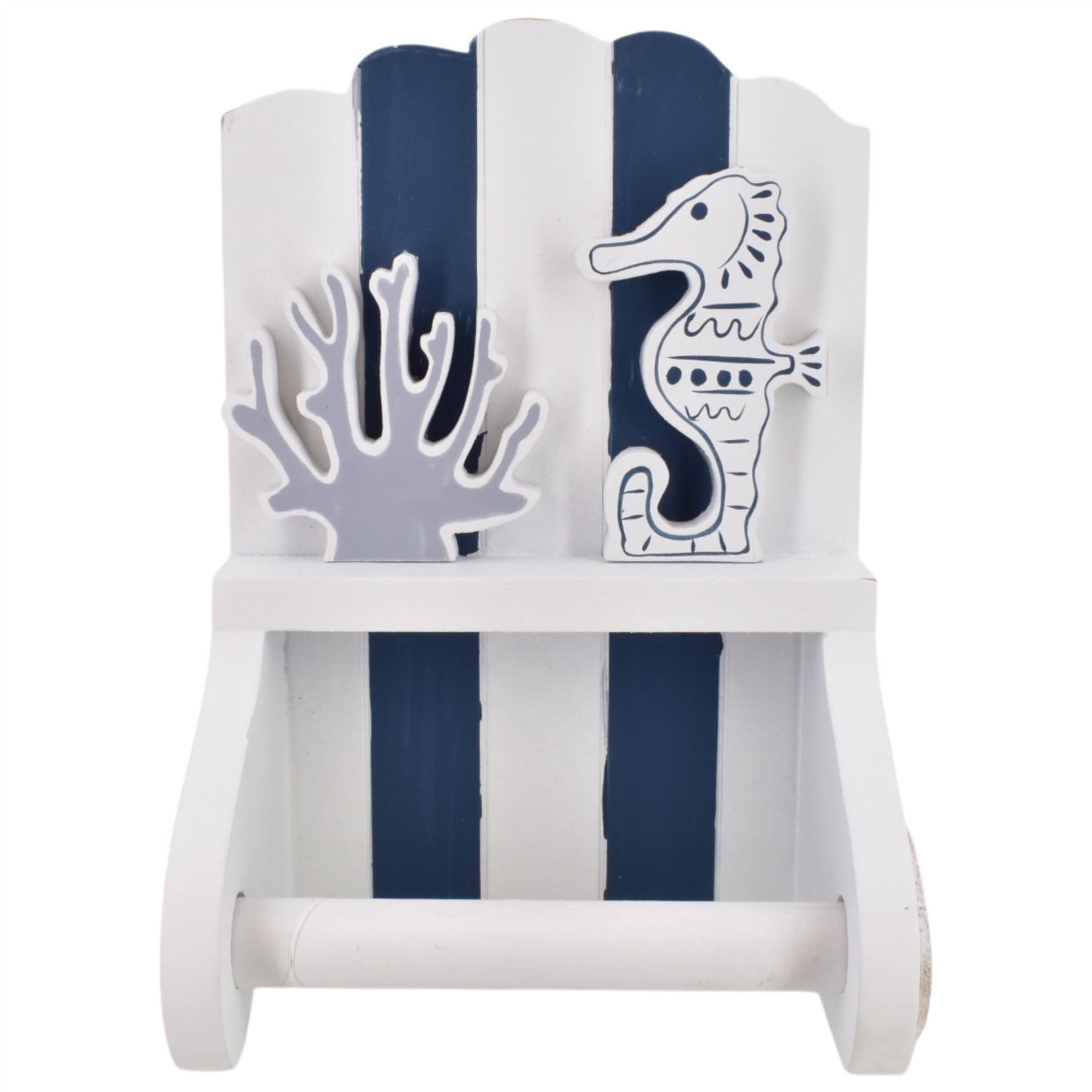 Carousel Home White Nautical Toilet Roll Holder | 21Cm Blue & Wooden Wall Mounted Coastal Bathroom Loo Roll Holder With Seahorse & Coral Design