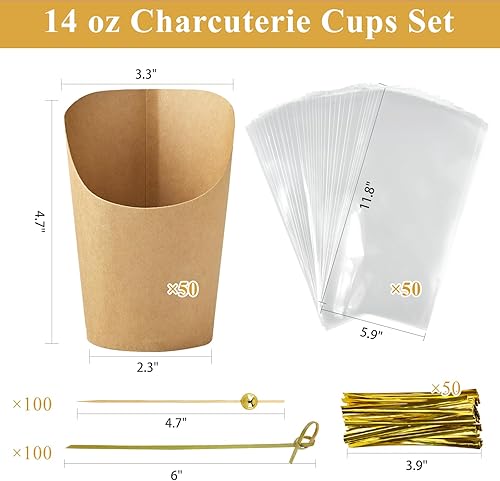 Miniatura 2 de 50 juegos de tazas de charcutería de 14 onzas con palos, cajas individuales de papel kraft de charcutería desechables individuales para servir