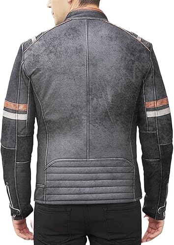Vista 3 de SpazeUp Cafe Racer - Chaqueta vintage de cuero envejecida para motocicleta retro