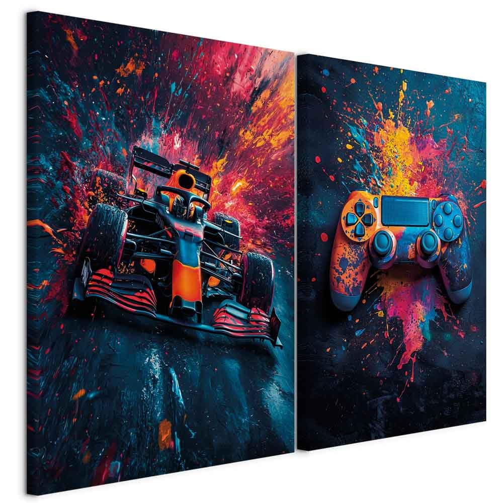 murando - Leinwandbild Set Rennwagen Spielcontroller, 120x90 cm, 2-teilig | Hochwertige Leinwand, sofort aufhängbar, ideal fürs Kinderzimmer, wasserfest und lichtecht, langlebig, stilvoll, zeitlos