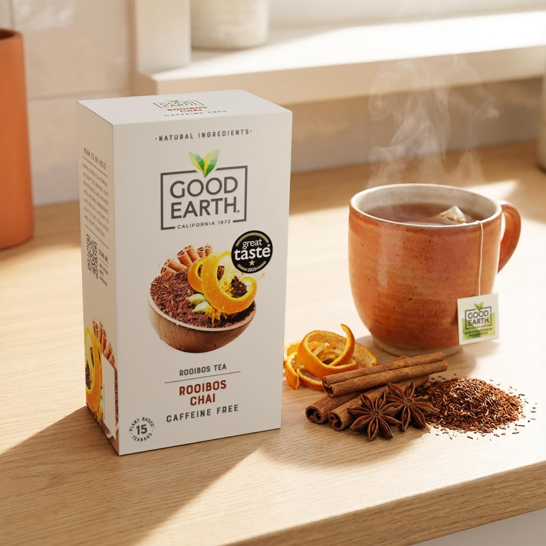 Good Earth Rooibos Chai Tea Bags – Naturally Caffeine-Free Herbal Tea With Cinnamon, Ginger & Cardamom, 5 X 15 Biodegradable Bags