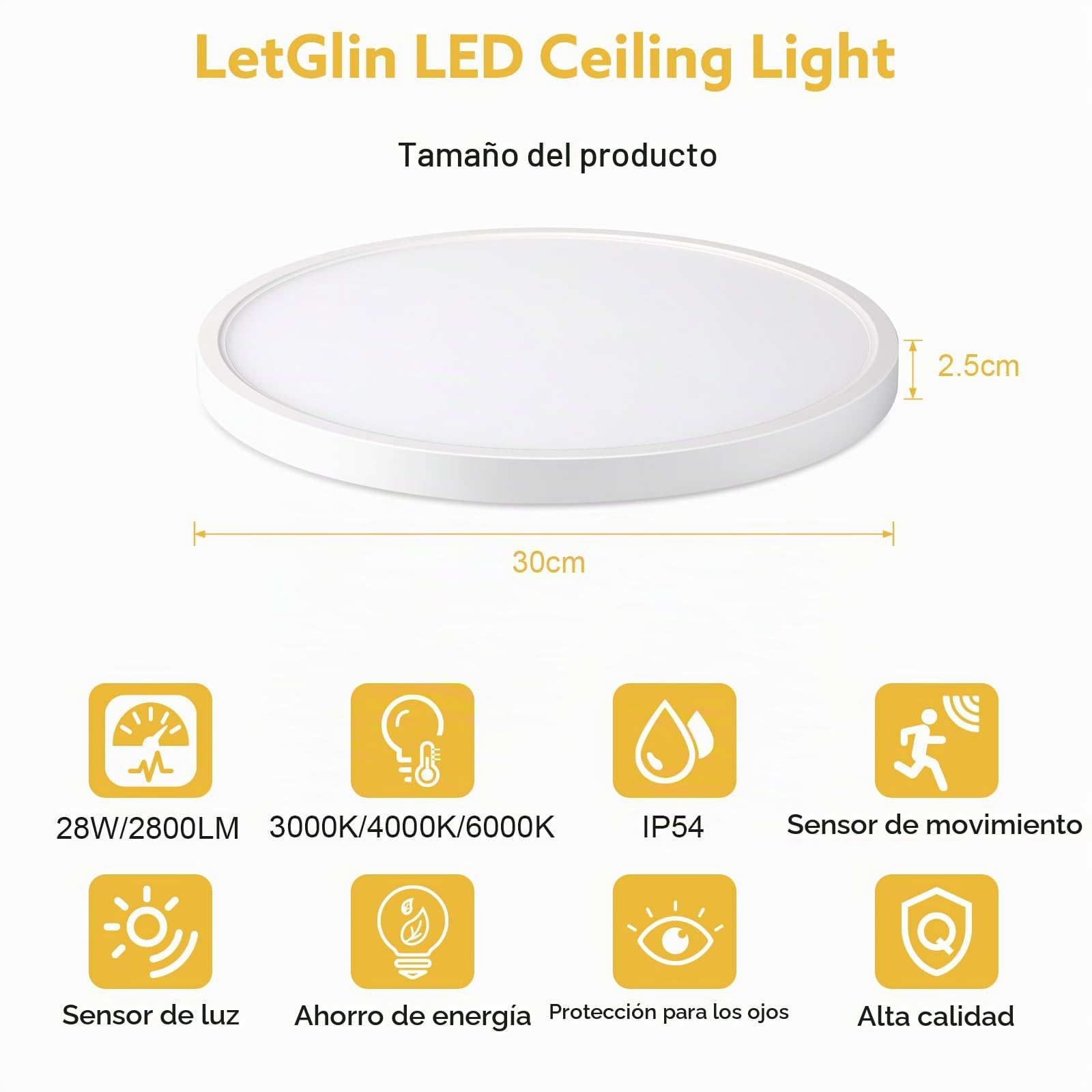 28W Plafon con Sensor de Movimiento, 2800LM Lampara LED Techo con Control Remoto, 3000K/4000K/6000K Luces Sensor Crepuscular, IP54 Luz Led Techo Baño para Cocina Pasillo Sótano Balcón, 30cm