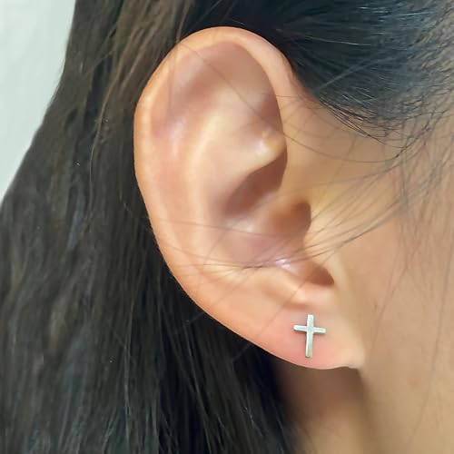 Miniatura 2 de Aretes de tuerca de plata con cruz cristiana para mujeres y hombres, religión bíblica, pequeños aretes únicos de acero inoxidable, Metal, No es una