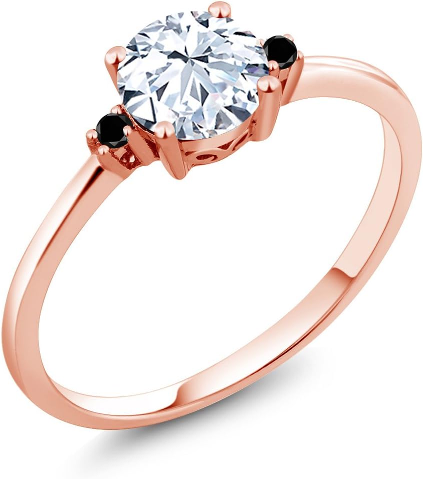 Gem Stone King 10K Rose Gold White Created Sapphire and Black Diamond Solitaire Engagement Ring For Women (1.23 Cttw, Round 6MM, Gemstone September Birthstone)