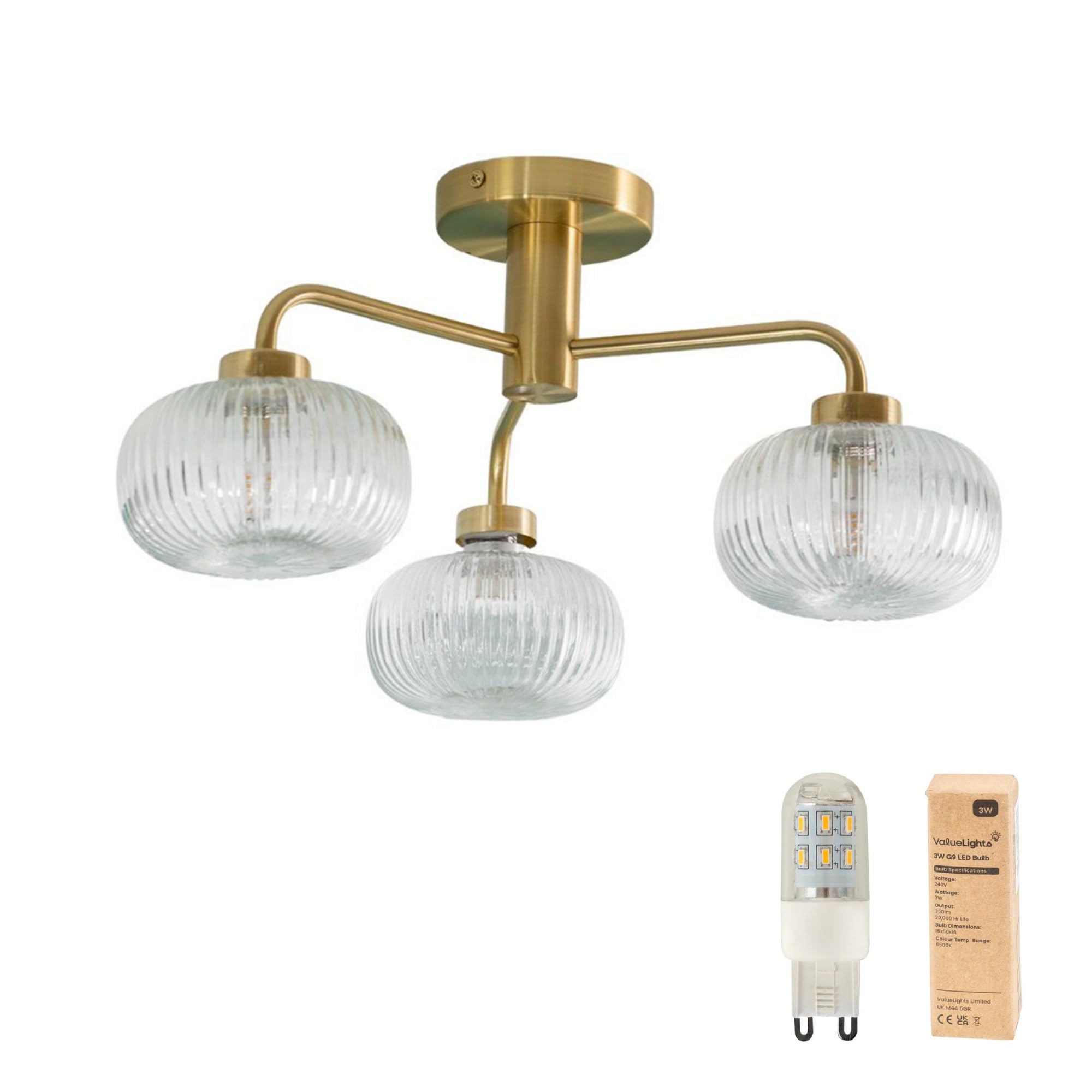ValueLights | Gold 3 Way Ceiling Light Fitting with Clear Ribbed Lampshade | Close-to-Ceiling Lights, Home Décor & Improvement Essential | Includes Bulb | Mains Wired