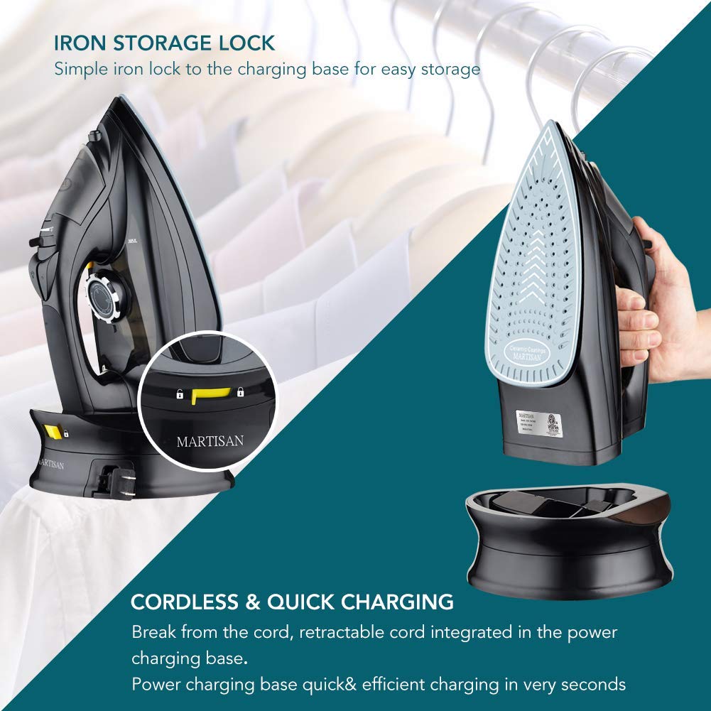 MARTISAN Cordless Steam Iron, with Retractable Cord, Power Charging Base with Carry Lock Easy Storage, 1500W, Ceramic Soleplate for Clothes