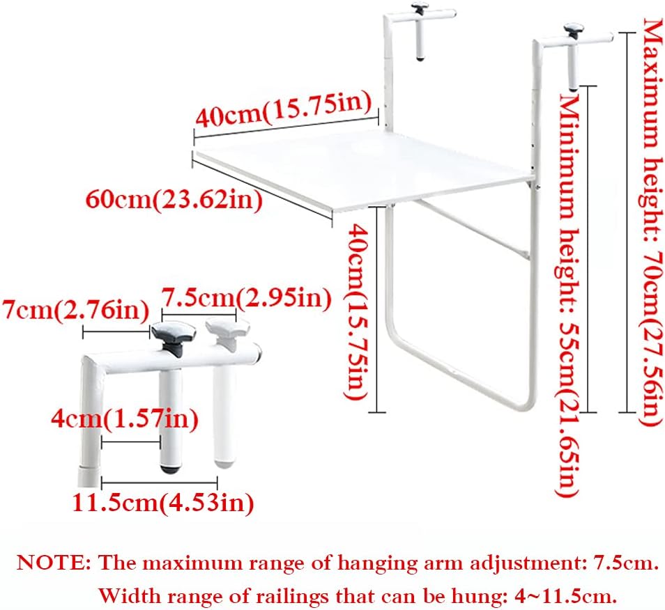Balcony Railing Folding Table 4-Level Height-Adjustable Rust-Proof Wrought Iron Hanging Side Table Space-Saving Outdoor Patio Dining Table White 60x40cm