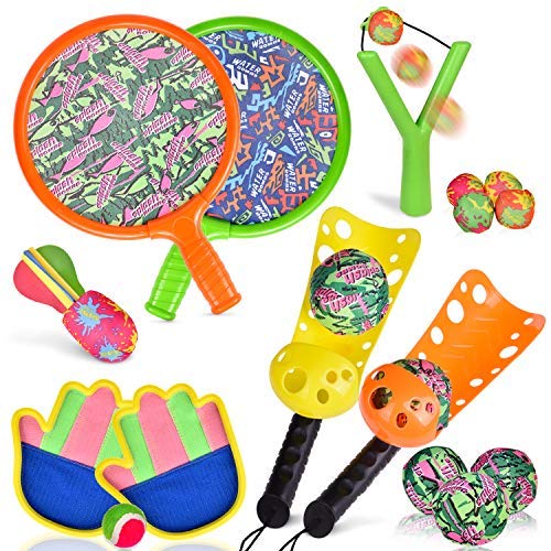 FUN LITTLE TOYS 17 Pieces Sports Outdoor Games Set with Scoop Ball Toss, Toss and Catch Games, Tennis Racket Sports Toy, Slingshot Rocket Copters Water Toys for Kids