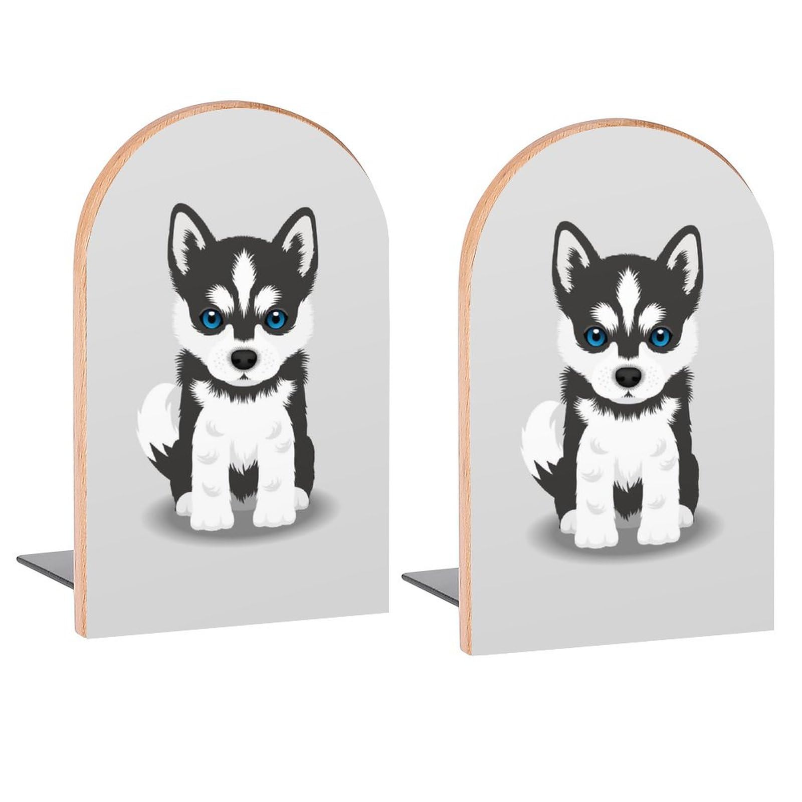 Husky Puppy Kawaii Dog Book Ends Decorative Wood Bookends for Shelves Kids Room Desk Home Office Book Stoppers for Magazines,Books, DVDs, 1 Pair/2 Pieces(5x3.1 in)