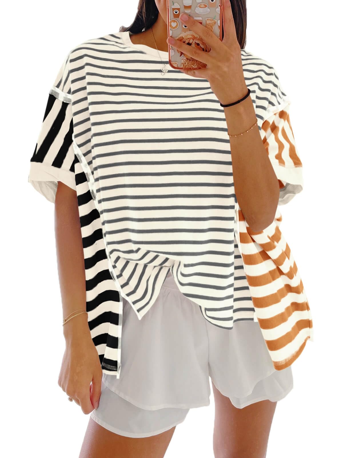 Tankaneo Womens Oversized Striped T-Shirts Color Block Short Sleeve Tee Tops Summer Casual High Low Hem Shirts